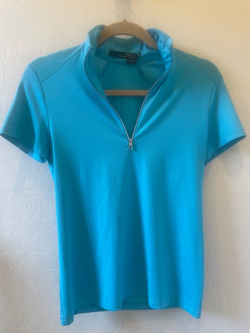 Size S RLX Ralph Lauren Sporty Aqua Blue Short-Sleeve Zip Mock Neck Top
